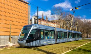 TOULOUSE, FRANCE - JANUARY 07: Alstom Citadis 302 tram on January 7, 2014 in Toulouse, France. The only tram line in Toulouse operates since 2010