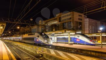 LYON, FRANCE - JANUARY 07: SNCF TGV Duplex trains on January 7, 2014 at Lyon Part-Dieu railway station. TGV trains carried more than 2 billion passengers since startup