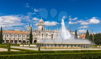 Fountain in front of Jeronimos Monastery in Lisbon, Portugal