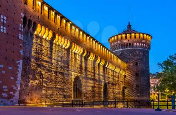 Night view of Sforza Castle in Milan, Italy