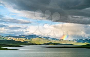 Rainbow above Cat Dam Lake in Adiyaman Province, Turkey