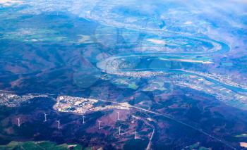 Aerial view of a wind power station and the Rhine Gorge near Boppard in Germany