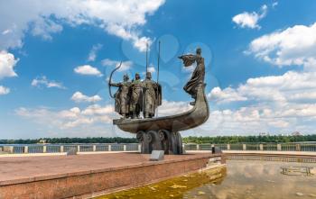 Kiev, Ukraine - July 18, 2017: Monument to the founders of Kiev: Kiy, Schek, Khoryv and Lybid. The Dnieper riverside