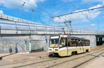 A city tram at Shosse Entuziastov Station in Moscow, Russian Federation