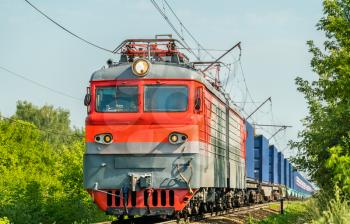 Electric locomotive with a container train in Russia, Ryazan region.