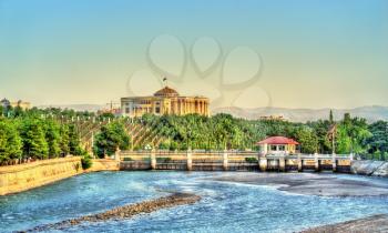 View of Dushanbe with Presidential palace and the Varzob River. The capital of Tajikistan, Central Asia