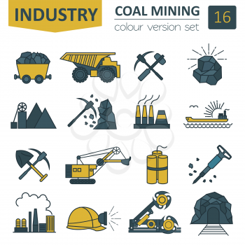 Coal mining icon set. Colour version design. Vector illustration