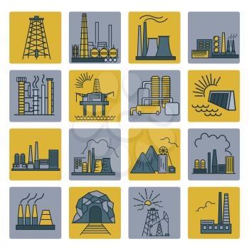 Factory buildings icon set. Colour version design. Vector illustration