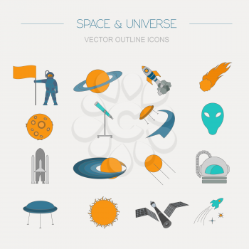 Space, universe graphic design. Linear icon set. Vector illustration 