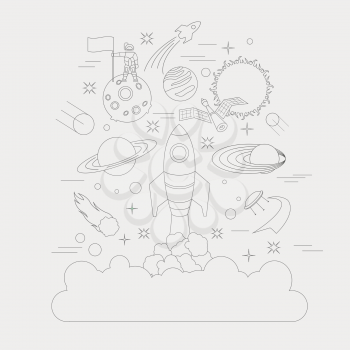 Space, universe graphic design. Linear icon set. Vector illustration 