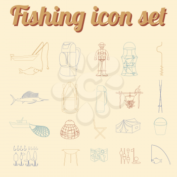 Fishing equipment icon set. Outline version. Vector illustration