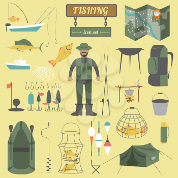Fishing equipment icon set. Vector illustration
