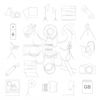 Photography icon set with photo, camera equipment. Outline version. Vector illustration