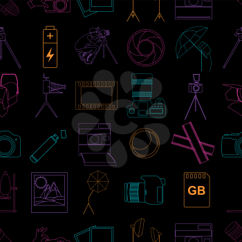 Photography seamless pattern with photo, camera equipment.  Vector illustration