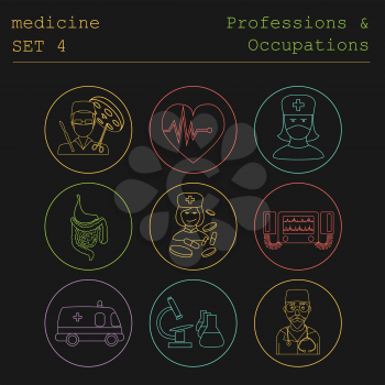 Professions and occupations outline icon set. Medical. Flat linear design. Vector illustration