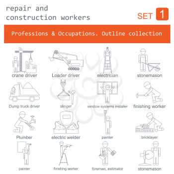 Professions and occupations outline icon set. Repair and construction workers. Flat linear design. Vector illustration