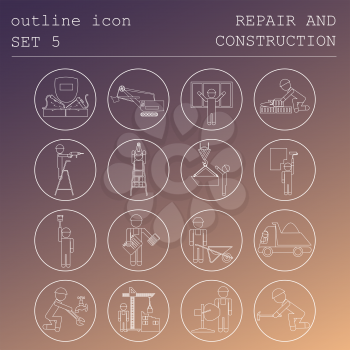 Professions and occupations outline icon set. Repair and construction workers. Flat linear design. Vector illustration