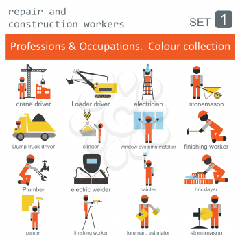 Professions and occupations coloured icon set. Repair and construction workers. Flat linear design. Vector illustration