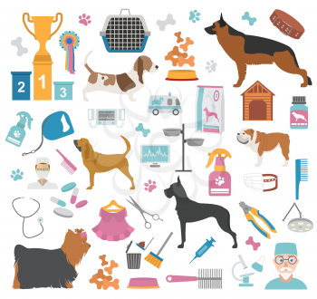 Dog icon set. Heatlh care, vet, nutrition, exhibition. Vector illustration 