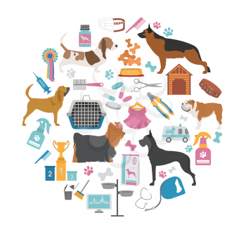 Dog icon set. Heatlh care, vet, nutrition, exhibition. Vector illustration 