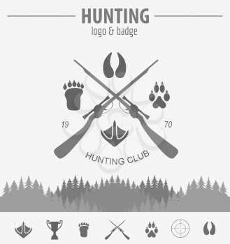 Hunting logo and badge template. Equipment.  Flat design. Vector illustration