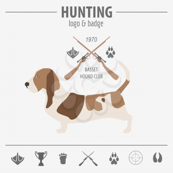 Hunting logo and badge template. Dog hunting, equipment.  Flat design. Vector illustration
