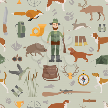 Hunting seamless pattern. Dog hunting, equipment. Flat style. Vector illustration
