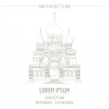 Cityscape graphic template. Modern city architecture. Vector illustration of christian orthodox cathedral. City constructor. Template with place for text. Outline version