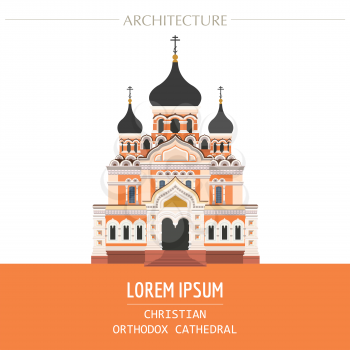 Cityscape graphic template. Modern city architecture. Vector illustration of christian orthodox cathedral. City constructor. Template with place for text. Colour version