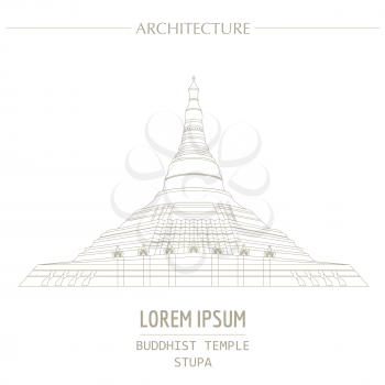 Cityscape graphic template. Modern city architecture. Vector illustration of Buddhist temple, stupa. City constructor. Template with place for text. Outline version