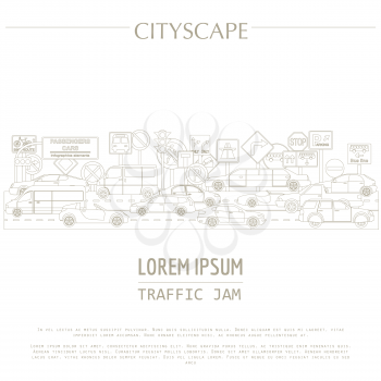 Cityscape graphic template. Modern city. Vector illustration. Traffic jam, transport, cars, road signs. City constructor. Template with place for text. Outline version