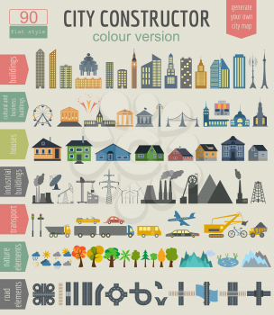 City map generator. Elements for creating your perfect city. Colour version. Vector illustration