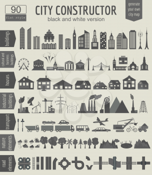 City map generator. Elements for creating your perfect city. Black and white version. Vector illustration