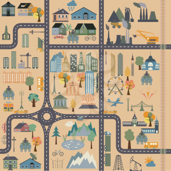 City map generator. City map example. Elements for creating your perfect city. Colour version. Seamless pattern. Vector illustration