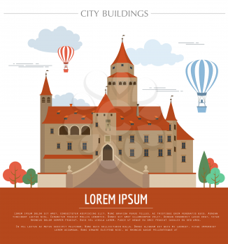 City buildings graphic template. Bousov castle. Vector illustration