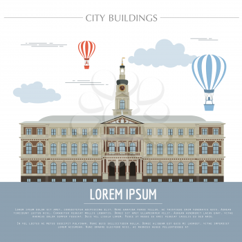 City buildings graphic template. Town hall. Rigas dome. Vector illustration