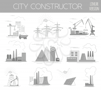 Great city map creator. House constructor. Infrastructure, industrial, transport. Outline version. Make your perfect city. Vector illustration