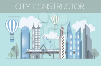 Great city map creator. Colour version. House constructor. House, cafe, restaurant, shop, infrastructure, industrial, transport, village and countryside. Make your perfect city. Vector illustration