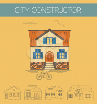 Building exteriors graphic template. Outline and color version set. Vector illustration