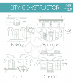 Great city map creator. Outline version. House constructor. House, cafe, restaurant, shop, infrastructure, industrial, transport, village and countryside. Make your perfect city. Vector illustration