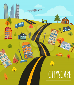 Cityscape conceptual graphic template. Urban, countryside, industrial buildings and outdoor scene. Graphic template. Infographic elements. Vector illustration