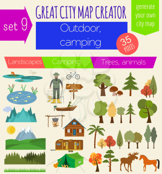 Great city map creator. House constructor. House, cafe, restaurant, shop, infrastructure, industrial, transport, village and countryside. Make your perfect city. Vector illustration
