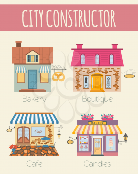 Big set City generator. House constructor. House, cafe, restaurant, shop, boutique. Make your perfect city. Vector illustration