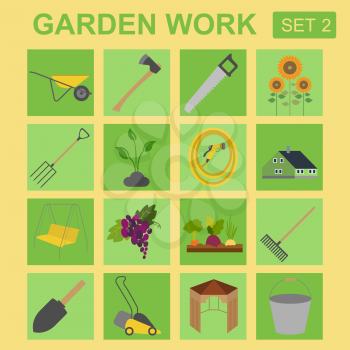 Garden work icon set. Working tools. Vector illustration
