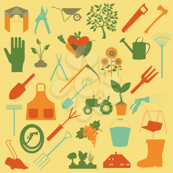 Garden work icon set. Working tools. Vector illustration