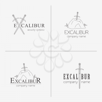 Excalibur outline Insignias and Logotypes set. Vector design elements, business signs, logos, identity, labels, badges and objects. Sword of King Arthur