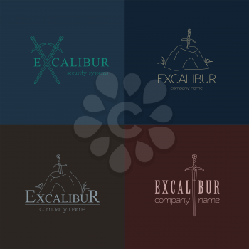 Excalibur outline Insignias and Logotypes set. Vector design elements, business signs, logos, identity, labels, badges and objects. Sword of King Arthur