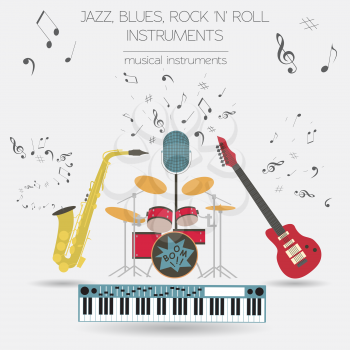 Musical instruments graphic template.Jazz, blues, rock`n`roll band. Vector illustration