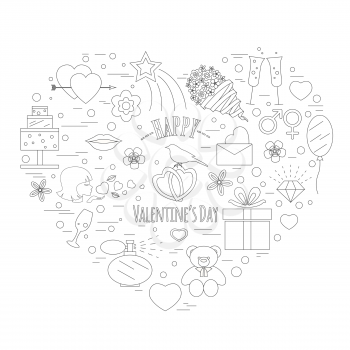 Valentine's day design template. Graphic elements with hearts, arrows, champagne, gifts, flowers, bird, diamonds. Vector illustration