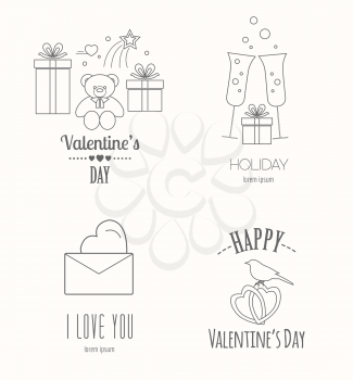 Valentine's day logo design template. Graphic elements with hearts, arrows, champagne, gifts, flowers, bird, diamonds. Vector illustration